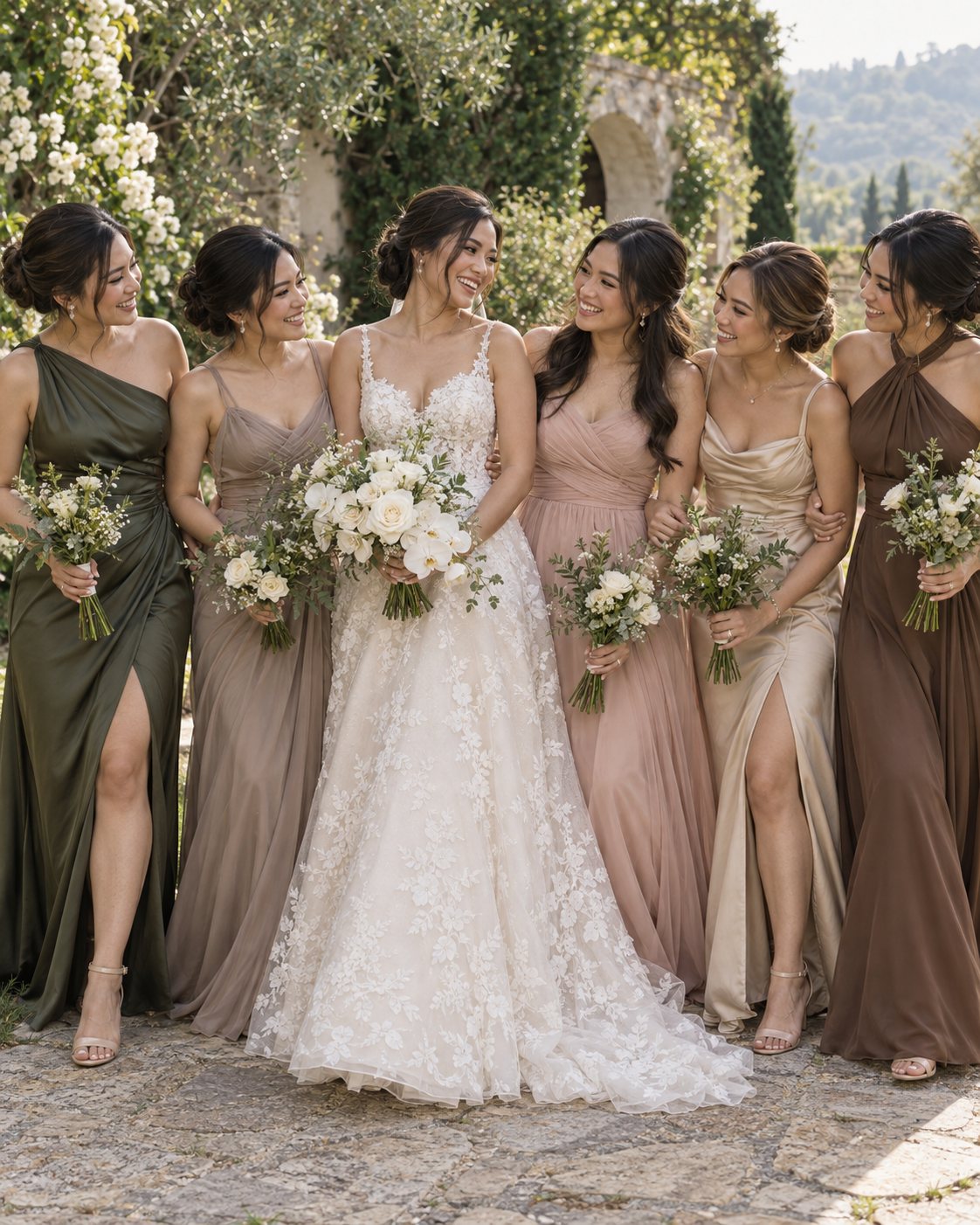 Bride with bridesmaids in olive, taupe, blush, champagne, and cocoa dresses