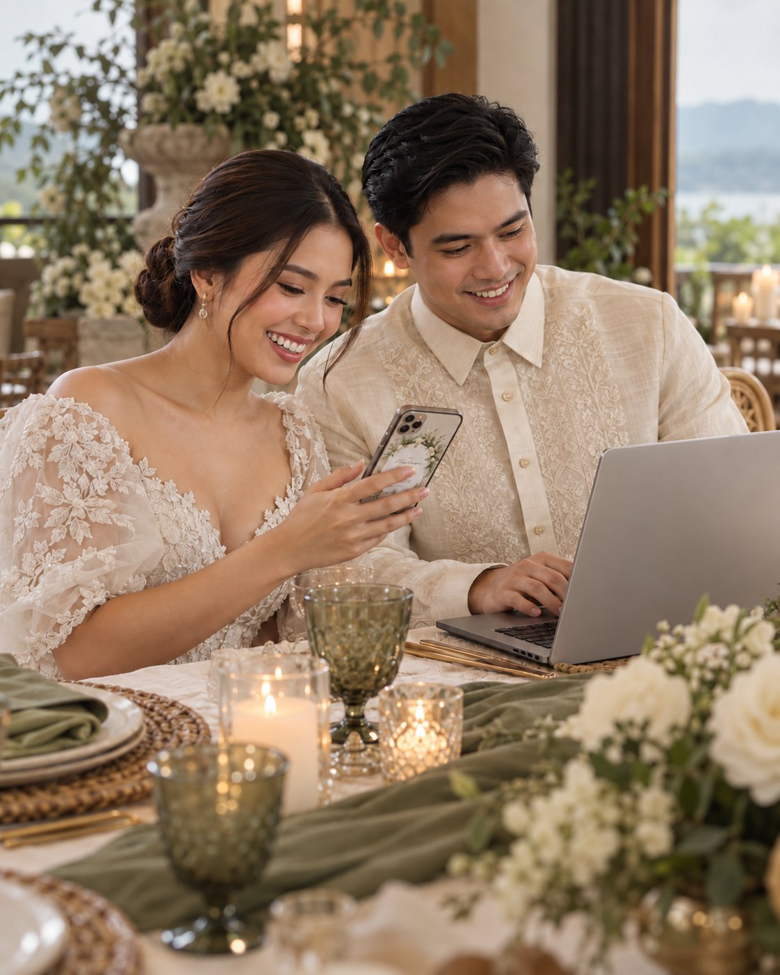 Bride and groom checking their digital wedding invitation on a phone and laptop