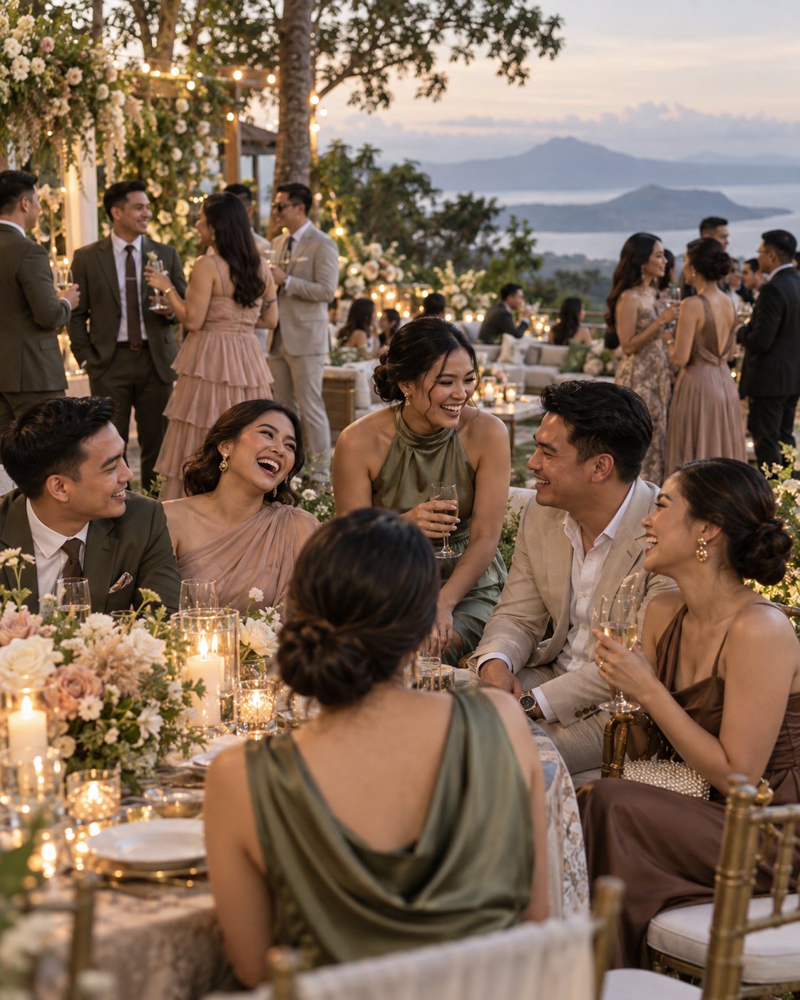 Wedding guests celebrating together in an outdoor garden